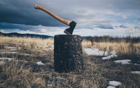 Axe embedded in dark tree stump in snowy winter field with mountains background