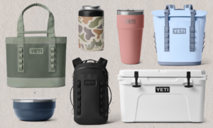 Collection of YETI outdoor products including coolers, bags, tumblers, and drinkware accessories.
