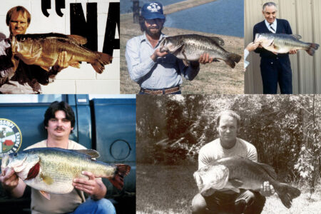 Five men proudly displaying large largemouth bass catches in vintage fishing photos