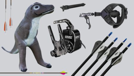 The Hottest New Bowhunting Accessories from the 2023 ATA Show Archery equipment set with dinosaur 3D target, arrows, arrow rest, and release aid
