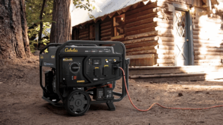 Cabela's portable generator with red extension cord outside rustic log cabin in forest