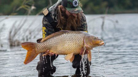 Angler holding large common carp fish while standing in lake water