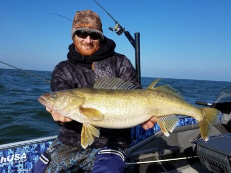 10 Pro Secrets to Catching Big Spring Walleyes Fisherman holding large walleye catch on boat over open water