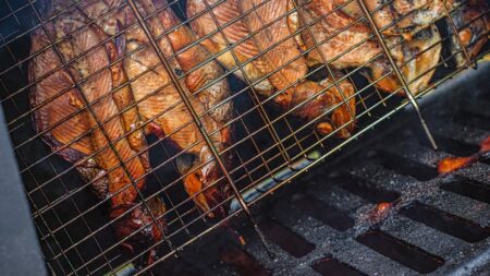 How to Smoke Fish Smoked salmon fillets cooking on wire mesh grill grates in smoker
