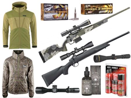 Hunting gear collection featuring rifles, scopes, Federal ammunition, camo jackets, and accessories