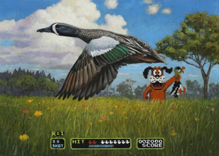 Field & Stream Won the Auction on John Oliver’s “Duck Hunt” Duck Stamp Realistic duck flying over meadow with retro Duck Hunt NES game interface overlay