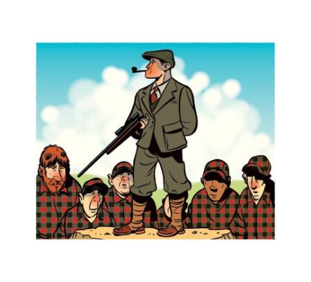 Cartoon illustration of a hunter with rifle standing above group of men in plaid