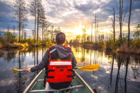 Conservationists Purchase $60 Million Property to Save Okefenokee Swamp from Strip Mine Person kayaking through Okefenokee National Wildlife Refuge at golden sunset among cypress trees.