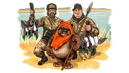 Cartoon illustration of two hunters in camouflage and an Ewok holding ducks and spears outdoors.