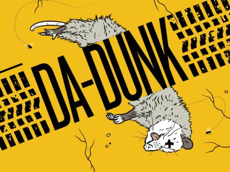 Cartoon roadkill opossum with tire tracks and DA-DUNK text on yellow background