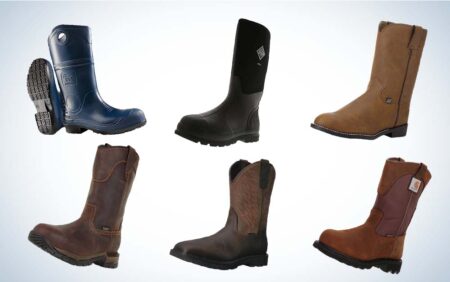Six work boots including rubber rain boots, muck boots, and leather cowboy-style boots.