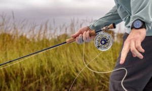 Person holding fly fishing rod with reel near tall marsh grass outdoors