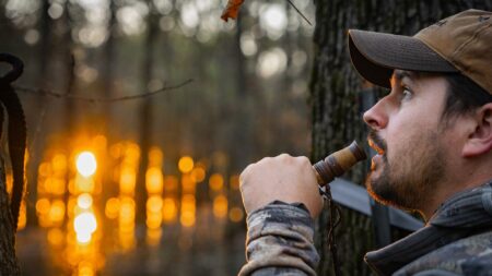 Hunter in camouflage blowing a game call in forest at golden sunset