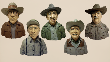 Five clay sculpture busts of older men wearing cowboy hats and western clothing.