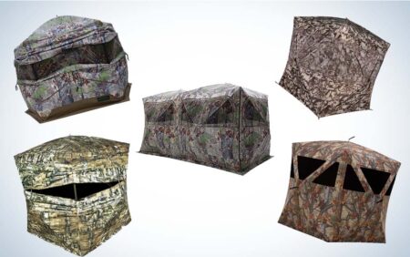 Five camouflage hunting ground blinds in various sizes and styles displayed on white background