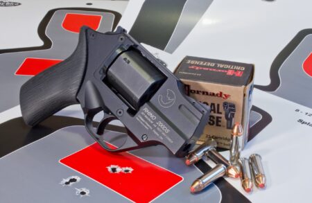 Chiappa Rhino 200DS revolver with Hornady Critical Defense ammunition on shooting target