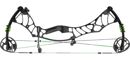 Hoyt Helix Compound Bow: Tested and Reviewed Hoyt black compound bow with green strings and cable system on dark background