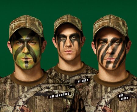 The Hunter’s Guide to Face Paint Three men in camouflage with face paint styles labeled Commando, Crow, and Tiger.