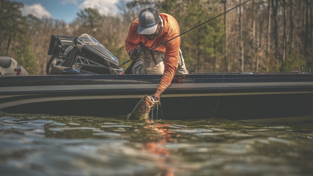 Jig Fishing for Bass: The Styles You Need and How to Fish Them Angler in orange shirt releasing a bass fish from a fishing boat