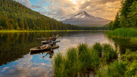 Two kayakers paddling on a calm mountain lake with snow-capped peak backdrop.