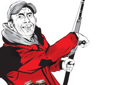 Cartoon caricature of a smiling fisherman in red jacket holding a fishing rod