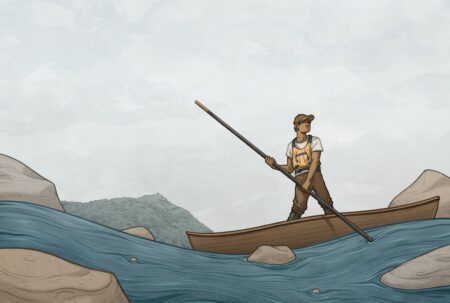 Person standing in wooden boat using pole to navigate rocky river rapids