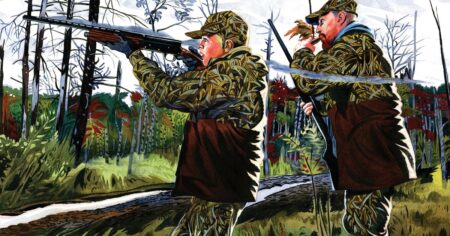 Two hunters in camouflage aim rifles while hunting in an autumn forest illustration.