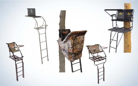 Five hunting tree stands including ladder stands and a climbing stand in camouflage.