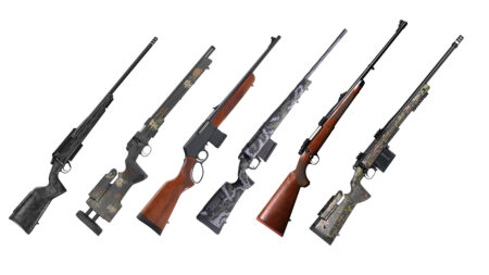 Six hunting rifles displayed side by side on white background, various styles and finishes