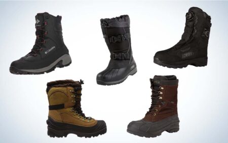 Five winter snow boots in black and brown colors for cold weather outdoor use