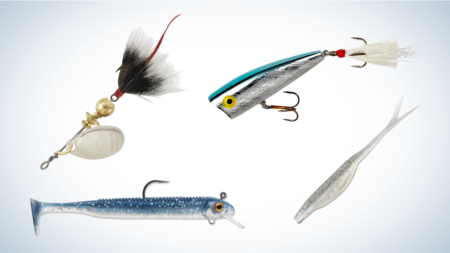 Best Lures for White Bass in 2023 Four fishing lures including spinner, popper, jig, and soft plastic swimbait on white background