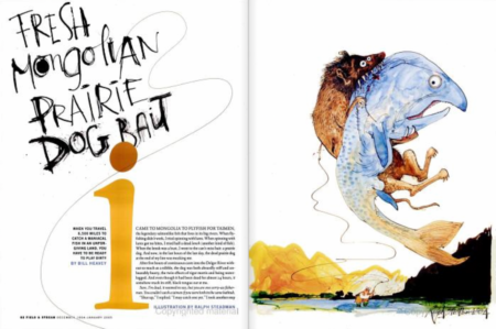 F&S Classics: Fresh Mongolian Prairie Dog Bait Magazine spread titled Fresh Mongolian Prairie Dog Bait with humorous fish illustration