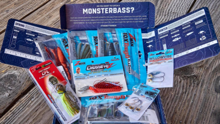 MonsterBass fishing subscription box with Z-Man lures, chatterbaits, and fishing tackle