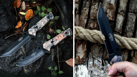 Country tactical fixed blade knives displayed on rocks with rope in outdoor setting