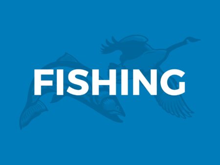 Use Small Circle Hooks For Easy Release on Little Sunnies Blue fishing banner with illustrated fish and flying geese silhouettes