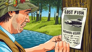 Crying fisherman reads Lost Fish reward poster on tree near river