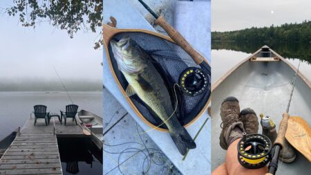 Fly fishing trip with caught bass, lake dock, and canoe on misty water