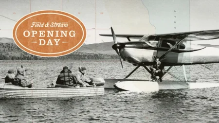 Welcome to Opening Day of the New F&S Print Journal! Field & Stream Opening Day vintage photo of fishermen in boat beside floatplane on lake