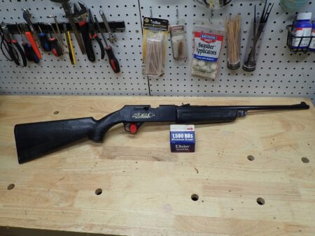 Are BB Guns Good for Hunting? Eagle BB gun rifle on workbench with Daisy 1500 BBs and tools
