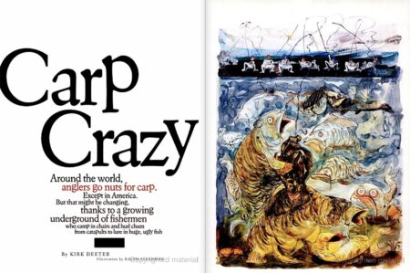 Magazine spread titled Carp Crazy with Ralph Steadman illustration of chaotic underwater carp scene.