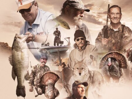 Hunters and fishermen posing with trophy bass, wild turkeys, and a coyote outdoors.