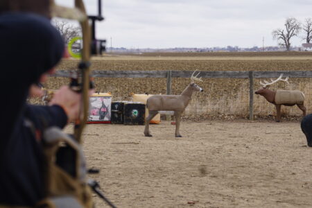 The Delta McKenzie X-Ray Archery Target, Expert Tested Archer practicing with compound bow aimed at 3D deer targets in outdoor range