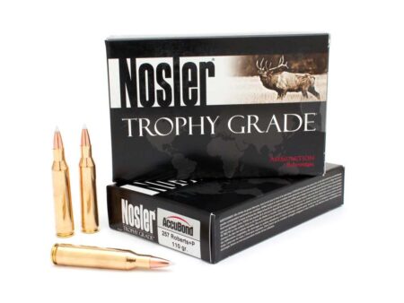 Nosler Trophy Grade AccuBond 257 Roberts+P 110gr ammunition boxes with rifle cartridges