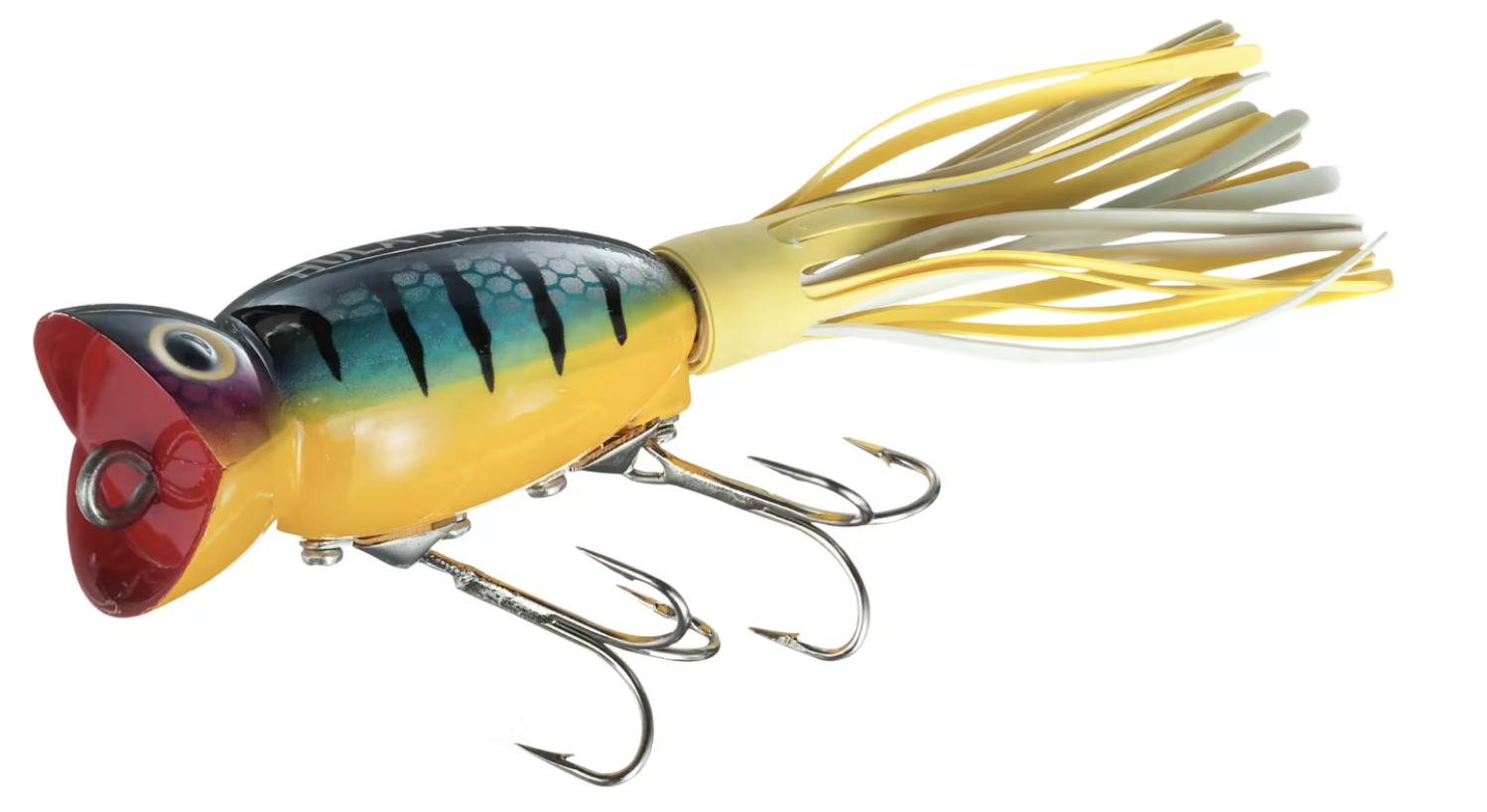 Colorful perch-pattern fishing popper lure with treble hooks and yellow skirt tail
