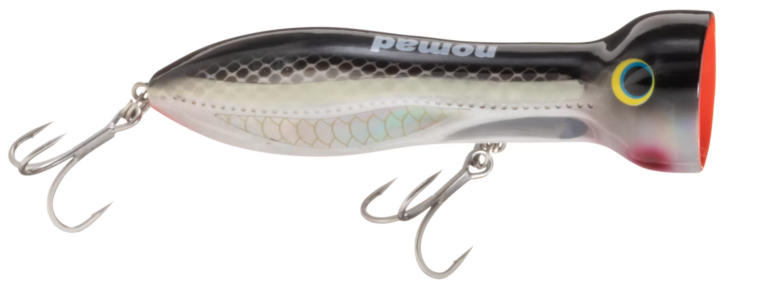 Nomad Design popper fishing lure with treble hooks in black and silver finish