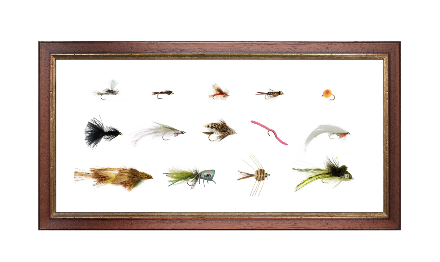 A collection of fly patterns in a wooden frame with a white background