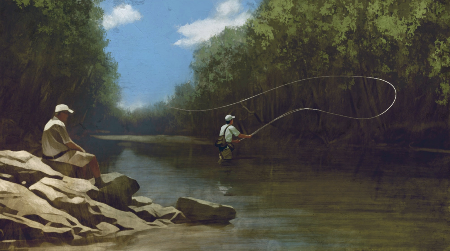 Artwork depicting a fly fisherman casting in a river while another man watches from the riverbank.