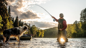 Man fly fishing in river with Australian Shepherd dog at golden hour.