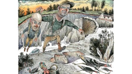 Cartoon illustration of two hunters chasing wild turkeys across a rocky landscape.