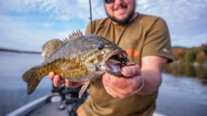 Smiling fisherman holding a smallmouth bass with lure on a lake